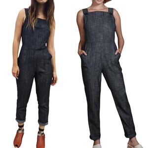 Nooworks Denim Overall Jumpsuit Wide Leg Sleeveless Chambray Dark Wash Womens XS